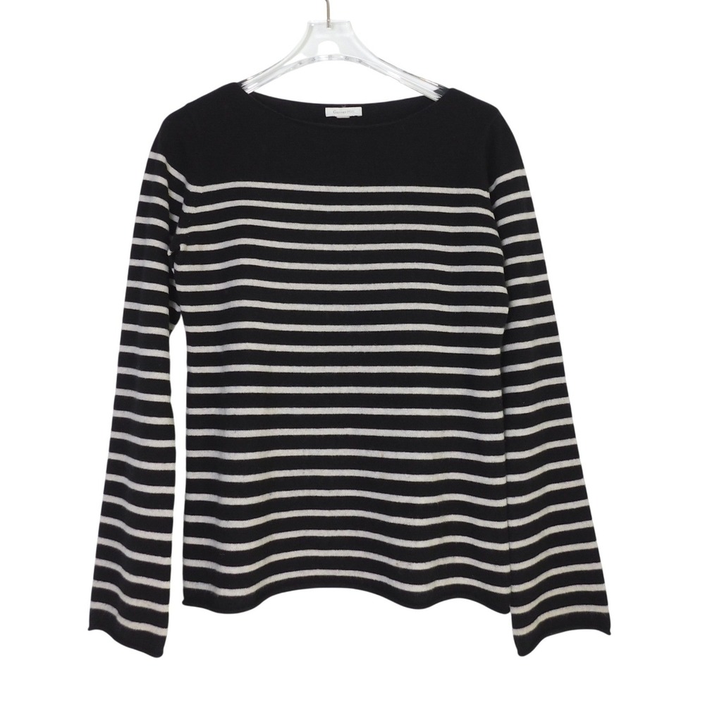 Garnet Hill Womens 100% Cashmere Striped Sweater Black Cream Boat Neck Size M‎